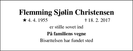 Dødsannoncen for Flemming Sjølin Christensen  - Albertslund