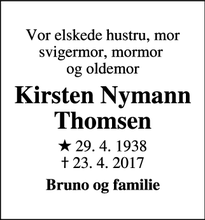 Dødsannoncen for Kirsten Nymann Thomsen - Albertslund 
