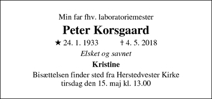 Dødsannoncen for Peter Korsgaard - Albertslund
