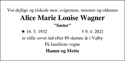 Dødsannoncen for  Alice Marie Louise Wagner - København