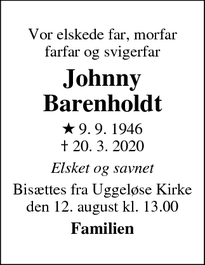 Dødsannoncen for Johnny
Barenholdt - Lynge
