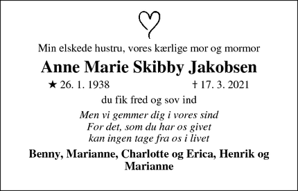 Dødsannoncen for Anne Marie Skibby Jakobsen - allerød