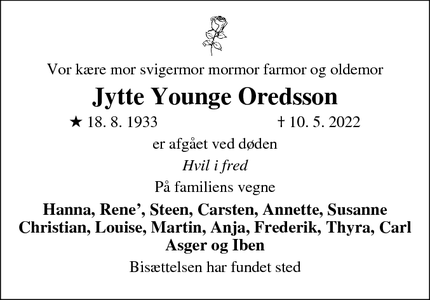 Dødsannoncen for Jytte Younge Oredsson - Lillerød
