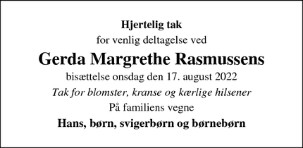 Taksigelsen for Gerda Margrethe Rasmussens - Allerød