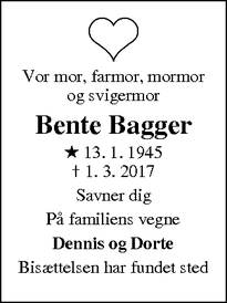 Dødsannoncen for Bente Bagger - Blovstrød