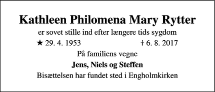 Dødsannoncen for Kathleen Philomena Mary Rytter - Allerød