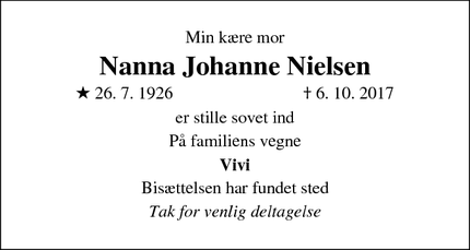 Dødsannoncen for Nanna Johanne Nielsen - Allerød