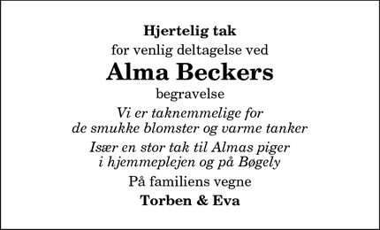 Taksigelsen for  Alma Beckers - Ranum