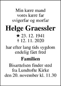 Dødsannoncen for Helge Graessler - Gladsaxe