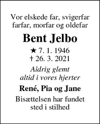 Dødsannoncen for Bent Jelbo - Sundby