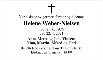 Dødsannoncen for Helene Weber-Nielsen - København