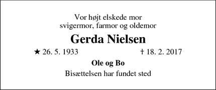 Dødsannoncen for Gerda Nielsen - 2770 Kastrup