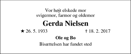 Dødsannoncen for Gerda Nielsen - 2770 Kastrup