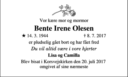 Dødsannoncen for Bente Irene Olesen  - Tårnby