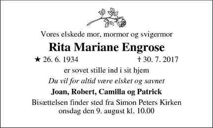 Dødsannoncen for Rita Mariane Engrose - 2300 København