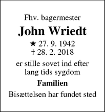 Dødsannoncen for John Wriedt - København, Denmark