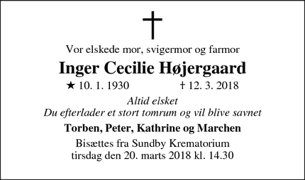 Dødsannoncen for Inger Cecilie Højergaard - Tårnby