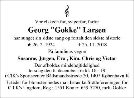 Dødsannoncen for Georg "Gokke" Larsen - Kastrup
