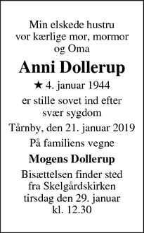 Dødsannoncen for Anni Dollerup - KASTRUP