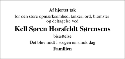 Taksigelsen for  Kell Søren Horsfeldt Sørensens - Nr. Asmindrup