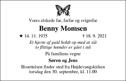 Dødsannoncen for Benny Momsen - København S