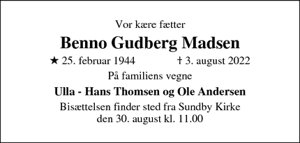 Dødsannoncen for Benno Gudberg Madsen - København