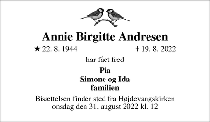 Dødsannoncen for Annie Birgitte Andresen - København S