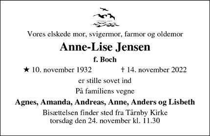 Dødsannoncen for Anne-Lise Jensen - Tårnby