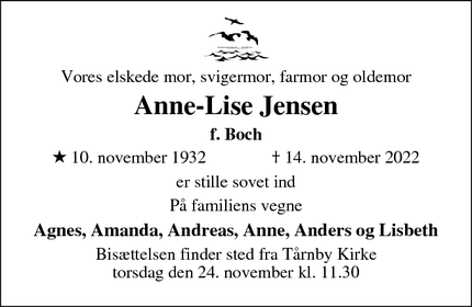 Dødsannoncen for Anne-Lise Jensen - Tårnby