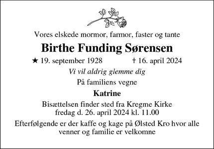 Dødsannoncen for Birthe Funding Sørensen - København og Kregme