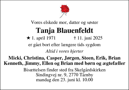 Dødsannoncen for Tanja Blauenfeldt - Kastrup