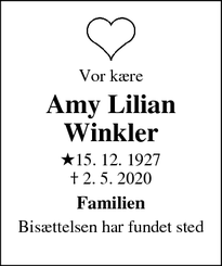Dødsannoncen for  Amy Lilian Winkler - Albertslund