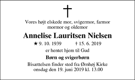 Dødsannoncen for  Annelise Lauritsen Nielsen - Ulfborg