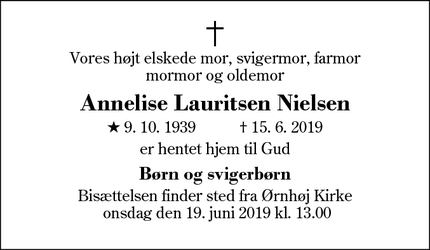 Dødsannoncen for  Annelise Lauritsen Nielsen - Ulfborg