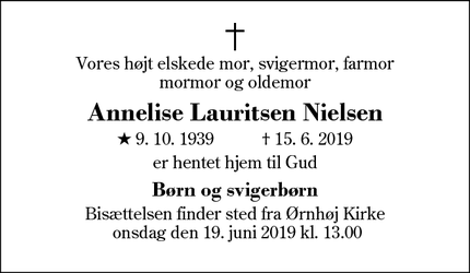 Dødsannoncen for  Annelise Lauritsen Nielsen - Ulfborg
