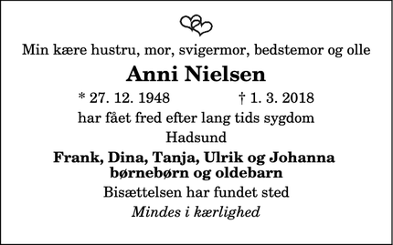 Dødsannoncen for  Anni Nielsen - Hadsund