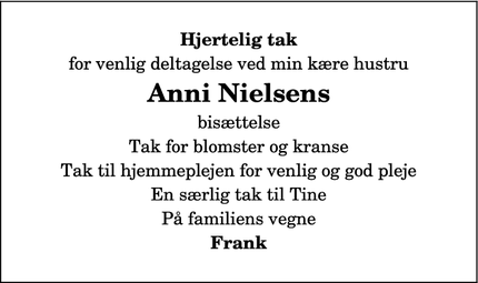 Dødsannoncen for   Anni Nielsens - Hadsund