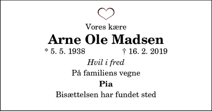 Dødsannoncen for  Arne Ole Madsen - Snedsted