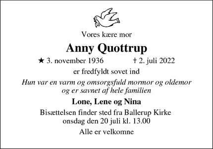 Dødsannoncen for Anny Quottrup - Ballerup
