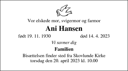 Dødsannoncen for Ani Hansen - Skovlunde