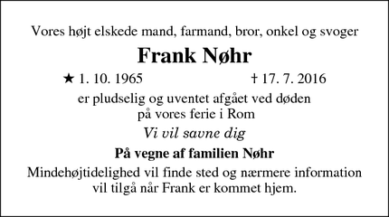 Dødsannoncen for Frank Nøhr - Ballerup