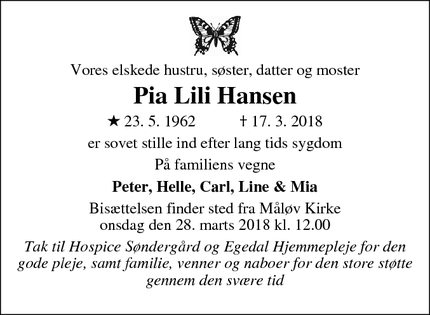 Dødsannoncen for Pia Lili Hansen - Ølstykke