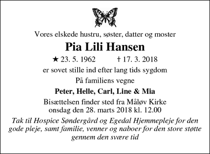 Dødsannoncen for Pia Lili Hansen - Ølstykke
