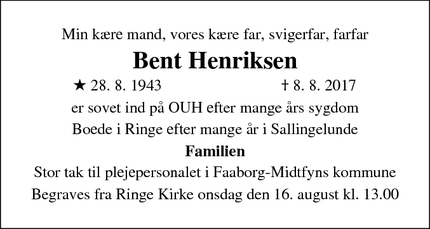 Dødsannoncen for  Bent Henriksen - Fåborg