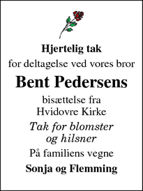 Taksigelsen for  Bent Pedersens - Hvidovre