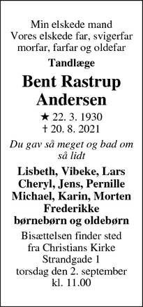 Dødsannoncen for  Bent Rastrup Andersen - København S
