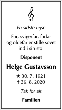 Dødsannoncen for  Helge Gustavsson - Søborg