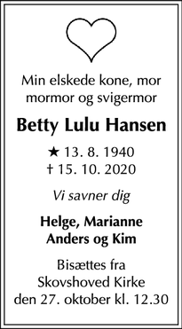 Dødsannoncen for Betty Lulu Hansen - RINGSTED