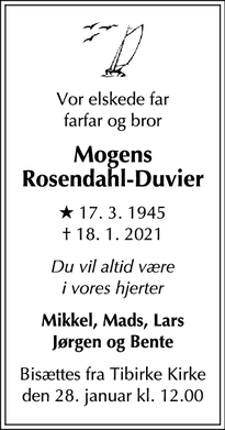 Dødsannoncen for Mogens
Rosendahl-Duvier - Hellerup