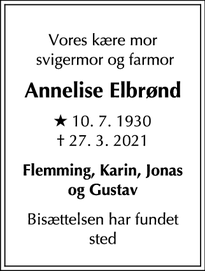 Dødsannoncen for Annelise Elbrønd - Hvidovre